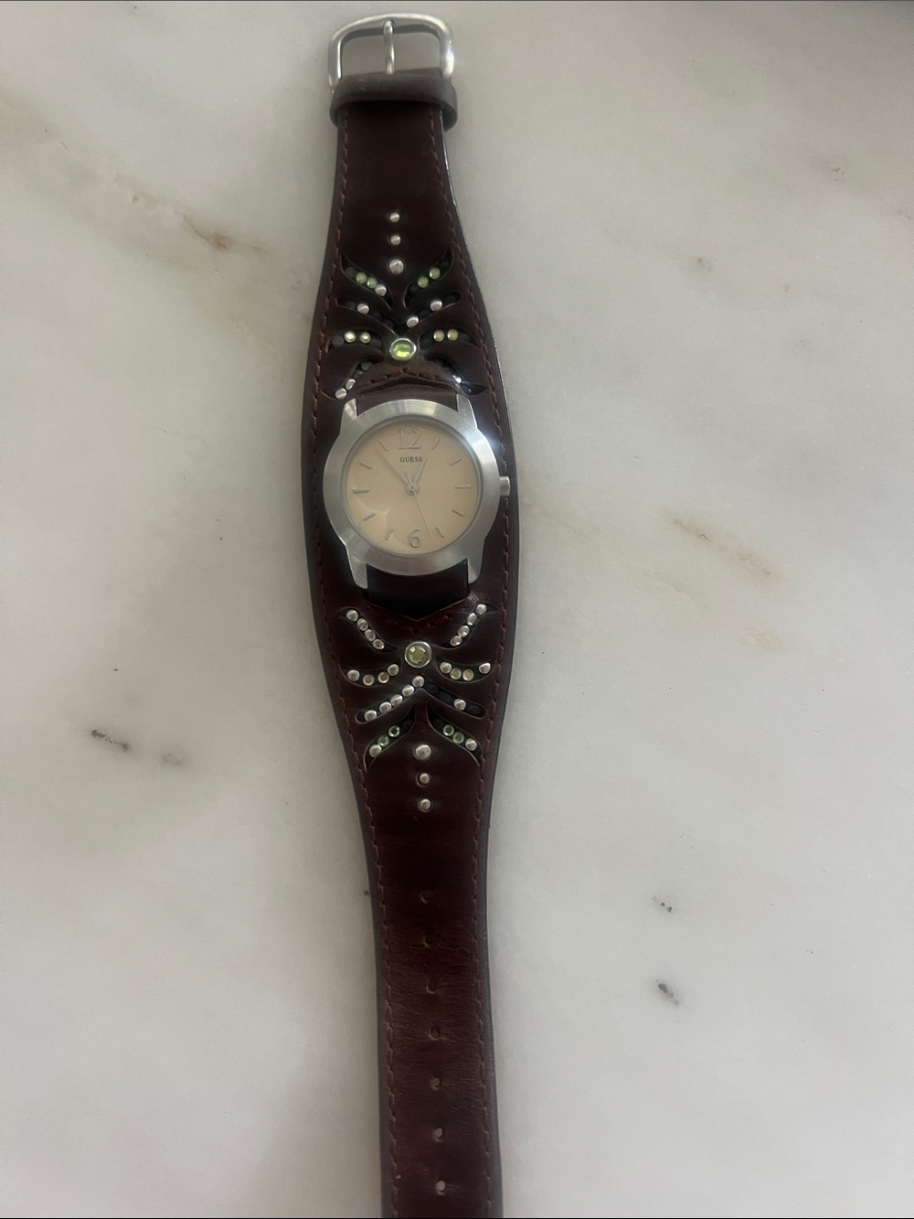 Guess 80’s Vintage  Brown Leather Studded Cuff Watch with Silver Accents